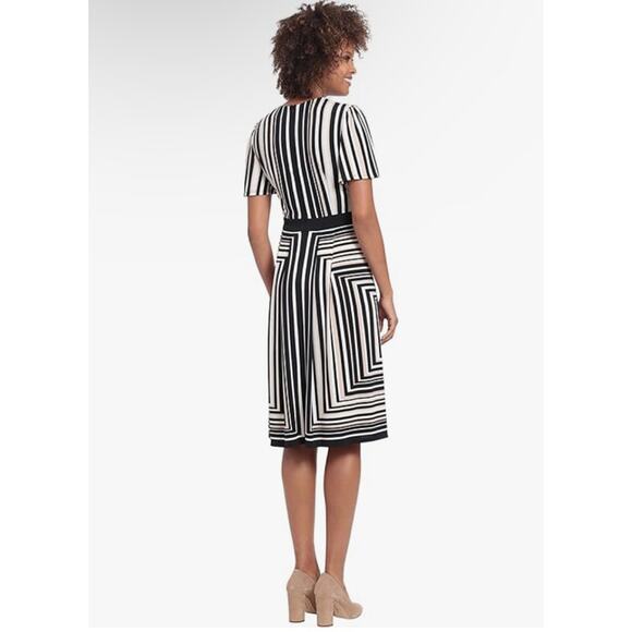 London Times Women's Striped Knee Jersey Midi Dress Black Taupe Career Office - Picture 2 of 11